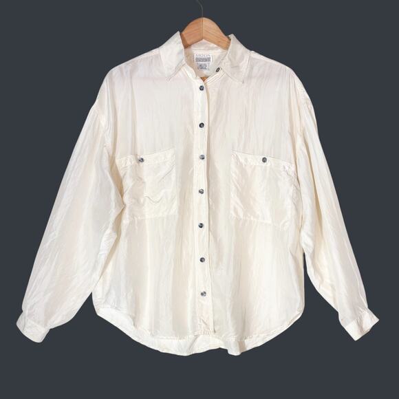VTG 80s Moda‎ International Oversized Ivory Silk Shirt Women's M Casual Boxy - Picture 1 of 8